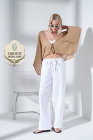 Resim %100 Keten Bağcıklı Rahat Kalıp Dokuma Kadın Pantolon @Varuna - Beyaz / M 