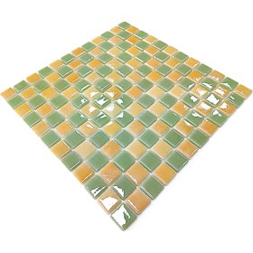 Resim Mutfak Tezgah Arası, Havuz, Banyo, Sauna, Spa, Iç ve Dış Dekorasyonda Tüm Yüzeyler Için, 25X25MM. M.yeşili-Püskürtme Sarı Damalı, 31.5X31.5CM. Fileli Cam Mozaik. (10 File Karo = 1 M2 Fiyatıdır ) 
