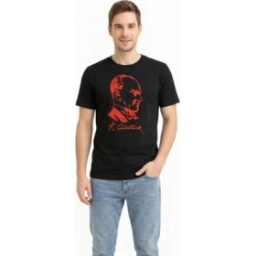 Resim Marsilyan Erkek Atatürk Baskılı Tişört Kısa Kollu Bisiklet Yaka T-Shirt - Siyah 