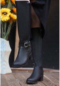 Resim Yandan Fermuarlı Topuklu Diz Altı Çizme Cilt Siyah Topuk Boyu 5 Cm Siyah 