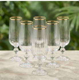 Resim Bohemia Kristal Optik Uzun Kadeh Seti 6 Lı Gerçek Altın Yaldız Ağızlı Şık Cam Kadeh Şeffaf 