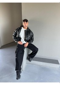 Resim Terapi Men Siyah Oversize Dolgulu Bomber Deri Ceket Siyah 
