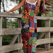 Resim 1 adet Bohemian Tribal Print Kadınlar Yelekli Jumpsuit, Polyester 100%, Esnek Olmayan Kumaş, Bol Fit, Düz Bacak, Spagetti Askı, Casual Stil, Cebi Detay, Dokuma, İlkbahar/Yaz/Sonbahar için 