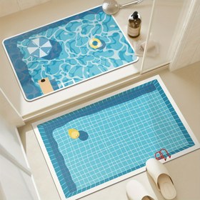 Resim Kaymaz Kauçuk Tabanlı Banyo Matı, Hızlı Kuruyan Yumuşak Polyester Banyo Matı, Sadece Elde Yıkama, Karikatür Yüzme Havuzu Baskısı, Ev ve Banyo Dekorasyonu, 2200g/m² 