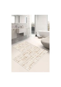 Resim Dijital Baskı Çizgi Desen Kaymaz Taban 2li Set Banyo Paspası Klozet Takımı 50x60cm-60x100cm Krem 