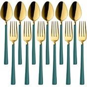 Resim Kitchen Design Lab Parlak Gold Yeşil Tatlı Meyve Çatal Kaşık Takımı Paslanmaz Çelik 12 Adet 