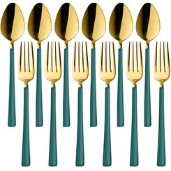 Resim Kitchen Design Lab Parlak Gold Yeşil Tatlı Meyve Çatal Kaşık Takımı Paslanmaz Çelik 12 Adet 