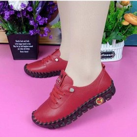 Resim Kırmızı Kadın Ayakkabı Platformu Loafer'lar Bağcıklı Deri Düz Slip-on Yeni Bahar Rahat Anne Ayakkabısı Kırmızı 