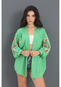 Resim Kimono Reglan Kol Nakışlı Keten - Yeşil Çok Renkli 