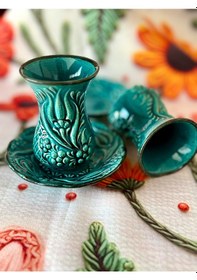 Resim El Yapımı Çini Seramik Kabartma Desenli 6'lı Turkuaz / Yeşil Çay Bardağı Seti Turkuaz 