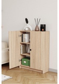 Resim Bili Yatay Kitaplık 3 Raflı 2 Kapaklı Çok Amaçlı Ofis Salon Çalışma Odası Kütüphane Rafı Meşe Meşe 