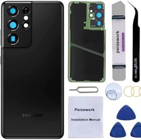 Resim Arka Arka Cam Yedek Samsung Galaxy S21 Ultra 5G için Önceden Takılmış Yapışkan ve Onarım Alet Kitleri (Phantom Siyah) 