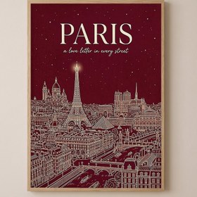 Resim Paris Line Art Print - Burgundy Eiffel Tower Skyline Wall Art - Wooden Frame - Natural / 16 x 20" (40x50 cm) 