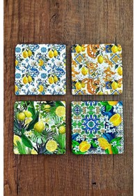 Resim Doğaltaş Bardak Altlığı 4'lü Set -10x10x1 Cm Limon Desenler Baskılı - Stone Coasters Çok Renkli 