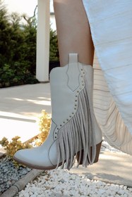 Resim POLKA STORE Deep Püskül Detaylı Troklu Kısa Acı Kahverengi Western Kadın Kovboy Çizme 