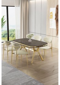 Resim Canisa Olya Serisi 90x168 Mdf Sabit Lak Panel Antrasit İroni Masa Takımı Gold Ayaklı 4 Krem Sandalye Masa Antrasit İroni Krem Sandalye 