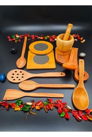 Resim SWENCRAFT Ahşap Mutfak Servis Kaşık Spatula Kepçe Havan Nihale Kevgir 10'lu Çeyiz Seti Annelere Özel 