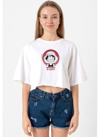 Resim One Piece Anime Monkey D Luffy Beyaz Kadın Crop Tshirt Beyaz 