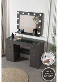 Resim Dokunmatik Led Aynalı Camlı 11 Çekmeceli Takı Bölmeli Kulis Makyaj Masası Antrasit Antrasit 
