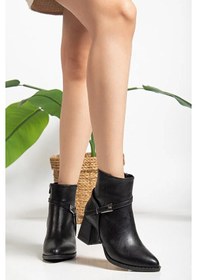 Resim Feles Toka Detaylı Klasik Topuklu Kadın Bot Siyah 
