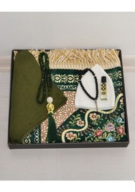 Resim Çeyizlik Hediyelik Seccade Set Astarlı Kadife Seccade, Eşarp, Kristal Tesbih, Erkek Tesbihi, Takke Ve Esanslı Özel Kutulu Lüks Hediye Yeşil 