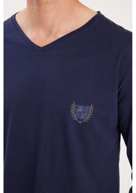 Resim Tudors Erkek Standart Fit %100 Pamuk V Yaka Beli Lastikli Lacivert Pijama Takımı-37940 Lacivert 