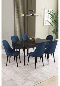Resim Ikon Siyah Mermer Desen 80x132 Mdf Açılabilir Yemek Masası Takımı 6 Adet Sandalye Lacivert 