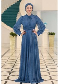 Resim Raika Moda Şık Tasarım Tül Kübra Abiye İndigo 