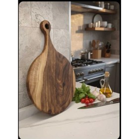 Resim WoodBay Ceviz Ağacı Yuvarlak Saplı Kesme Sunum Tahtası-El Yapımı Tek Parça 30X45 