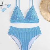 Resim 1 Set Kadın Yıpranmaz Şeritli Mayo Seti, Moda İki Parça Mayo, Polyester %82 Elastan %18, Örgü Kumaş, Orta Esneklik 