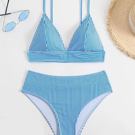 Resim 1 Set Kadın Yıpranmaz Şeritli Mayo Seti, Moda İki Parça Mayo, Polyester %82 Elastan %18, Örgü Kumaş, Orta Esneklik 