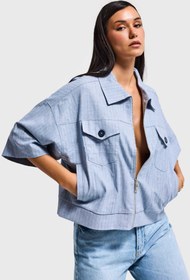 Resim Kadın Mavi Renk Oversize Cep Detaylı Özel Tasarım Denim Ceket - Mavi / L 
