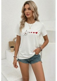 Resim Kadın Minimal Kalp İşaret Baskılı Tişört Kısa Kol Yazlık T-shirt - Beyaz 