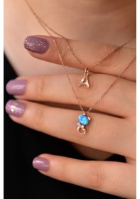 Resim Papatya Silver 925 Ayar Gümüş Rose Kaplama Harf ve Opal Taşlı Kedi Asansör Kolye 