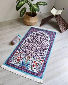 Resim Çini Desenli İpek Dokulu Keseli Seccade Kırmızı Çok Renkli 