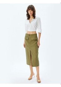 Resim Koton Midi Boy Kalem Etek Yüksek Bel Kargo Cepli Önden Yırtmaç Detaylı Slim Fit Haki 5wak70036pw Haki 