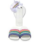 Resim QUEEN AKSESUAR Kız Çocuk Özel Tasarım Lüks Rengarenk Renkli Gökkuşağı Rainbow Simli Pullu Parlak Taç Terlik Set 