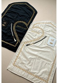 Resim Kişiye Özel İsimli Kalpli Seccade Gelin Damat Bohçası Çift Seccadesi Tesbihli Çeyizlik Hediyelik Set Siyah Beyaz 