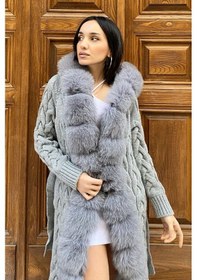 Resim Lava Design Kürklü Triko Hırka - Uzun Triko Hırka - Kadın Triko Hırka Örgülü Gri gri 