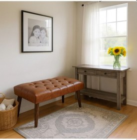 Resim Azra Mobilya Taba Deri Kapitone Bank Bench Oturma Pufu Modern Salon Antre Puf Ayakkabılık Önü Koltuk 90 45 Turuncu 