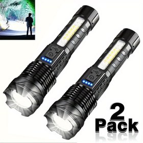 Resim 2'li Paket USB Şarj Edilebilir El Feneri, XP50 Yüksek Güç 350 Lümen, 7 Modlu COB Yan Lambalı, 300m Uzun Menzil, Kamp ve Acil Durumlar İçin Dayanıklı Ergonomik Tasarım (USB Kablosu & Piller Dahil), Kamp Aksesuarları, Acil Işık, Yüksek Güçlü Aydınlatma, Kaliteli El Feneri 
