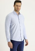 Resim Açık Mavi Uzun Kol Slim Fit Dar Kesim Klasik Desenli Pamuklu Kolay Ütülenebilir Gömlek Kigili