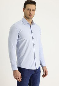 Resim Açık Mavi Uzun Kol Slim Fit Dar Kesim Klasik Desenli Pamuklu Kolay Ütülenebilir Gömlek 