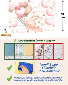 Resim Kalpli Uçan Balonlu Sevimli Tavşan Bulut ve Yıldızlar Boy Ölçer Çocuk Odası Duvar Sticker - 55x37 cm / Renkli / Boy Ölçer 
