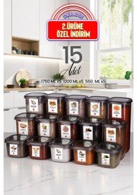 Resim KitchenLife 15'li Etiketli Square Kare Erzak Saklama Kabı Seti X5 550ml-1200ml-1750ml Sert Kapaklı Kavanoz 