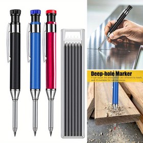 Resim Ahşap İşleme Metal Kalem Seti, Dahili Kalemtıraş & 2.8mm Derin Delik İşaretleyici - Marangoz Mimar Çizim Aracı (1 Kalem + Kurşun Yedekleri) 