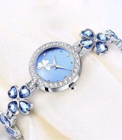 Resim bacu Rhinestone Decor Kuvars Saat Casual Clover Desenli Analog Elbise Saati, 