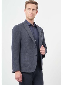 Resim İmza Lacivert Ekose Desen Örme Mono Yaka Astarsız Çift Yırtmaç 2 Düğme 6 Drop Slim Fit Casual Ceket 1002245152 Lacivert 