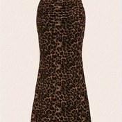 Resim Kadınlar için Leopar Desenli Yüksek Belli Midi Etek - %100 Polyester Zarif Pileli Tasarım, Örgü Kumaş, İlkbahar/Yaz/Sonbahar için Mükemmel - Şık Koleksiyon 