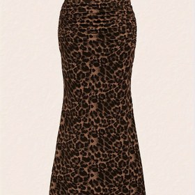 Resim Kadınlar için Leopar Desenli Yüksek Belli Midi Etek - %100 Polyester Zarif Pileli Tasarım, Örgü Kumaş, İlkbahar/Yaz/Sonbahar için Mükemmel - Şık Koleksiyon 